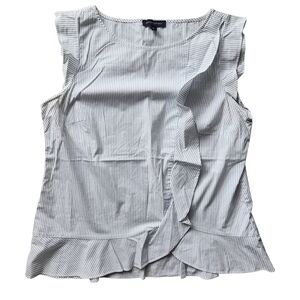 Banana Republic White and Light Gray Pinstripe Ruffle-Trim Sleeveless Top